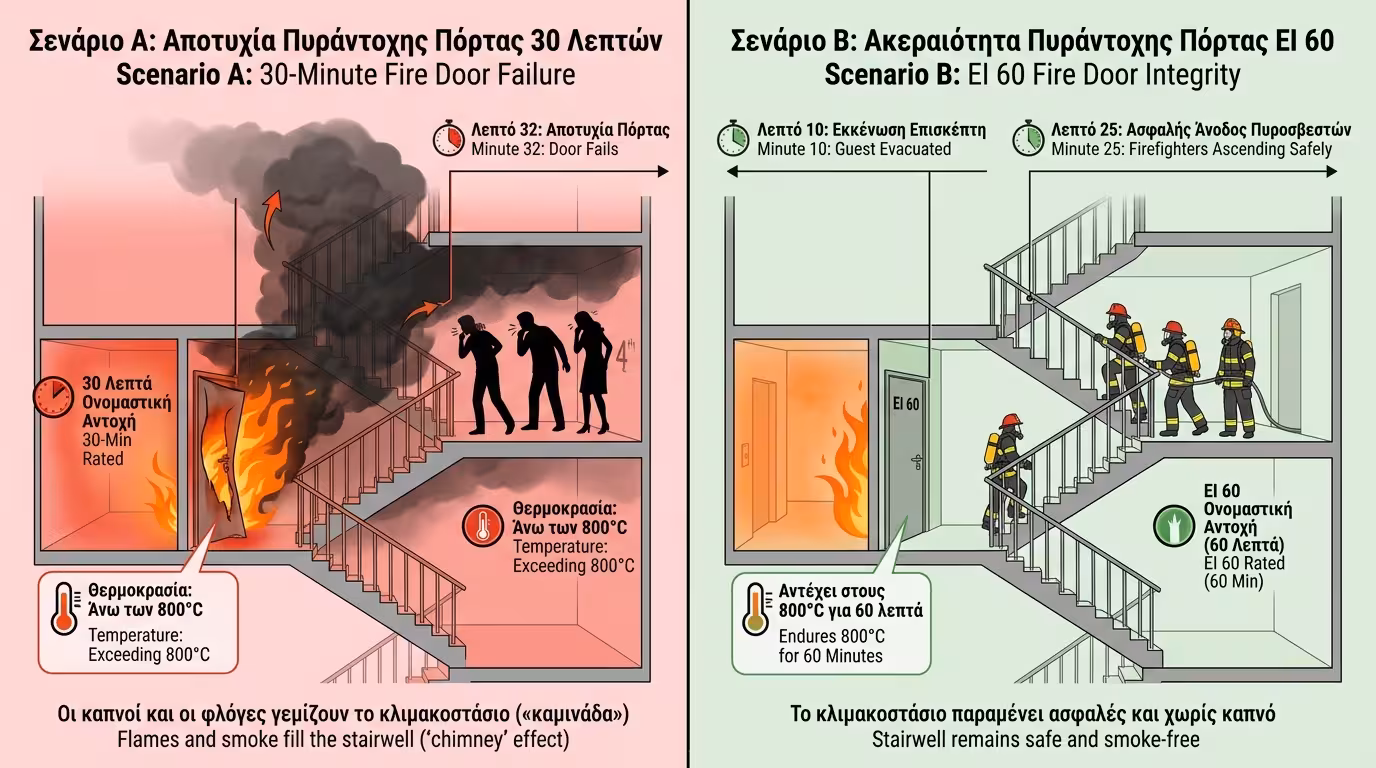 Πείραμα: Σενάριο Α (πόρτα 30 λεπτών, σκάλα καμινάδα) vs Σενάριο Β (πόρτα 60 λεπτών, ασφαλής εκκένωση)