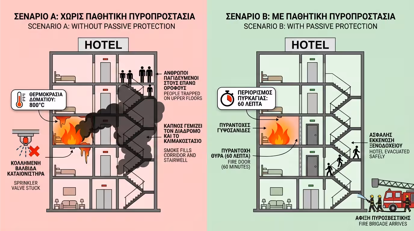 Πείραμα ξενοδοχείο: Σενάριο Α (χωρίς παθητική, φωτιά εξαπλώνεται) vs Σενάριο Β (με παθητική, φωτιά εγκλωβίζεται 60 λεπτά)