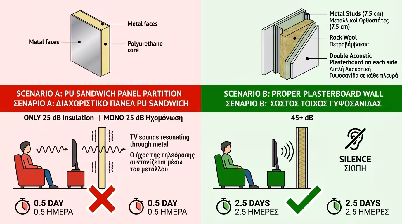 Πείραμα: πάνελ PU (25 dB, αντηχεί) vs γυψοσανίδα (45+ dB, σιωπή)