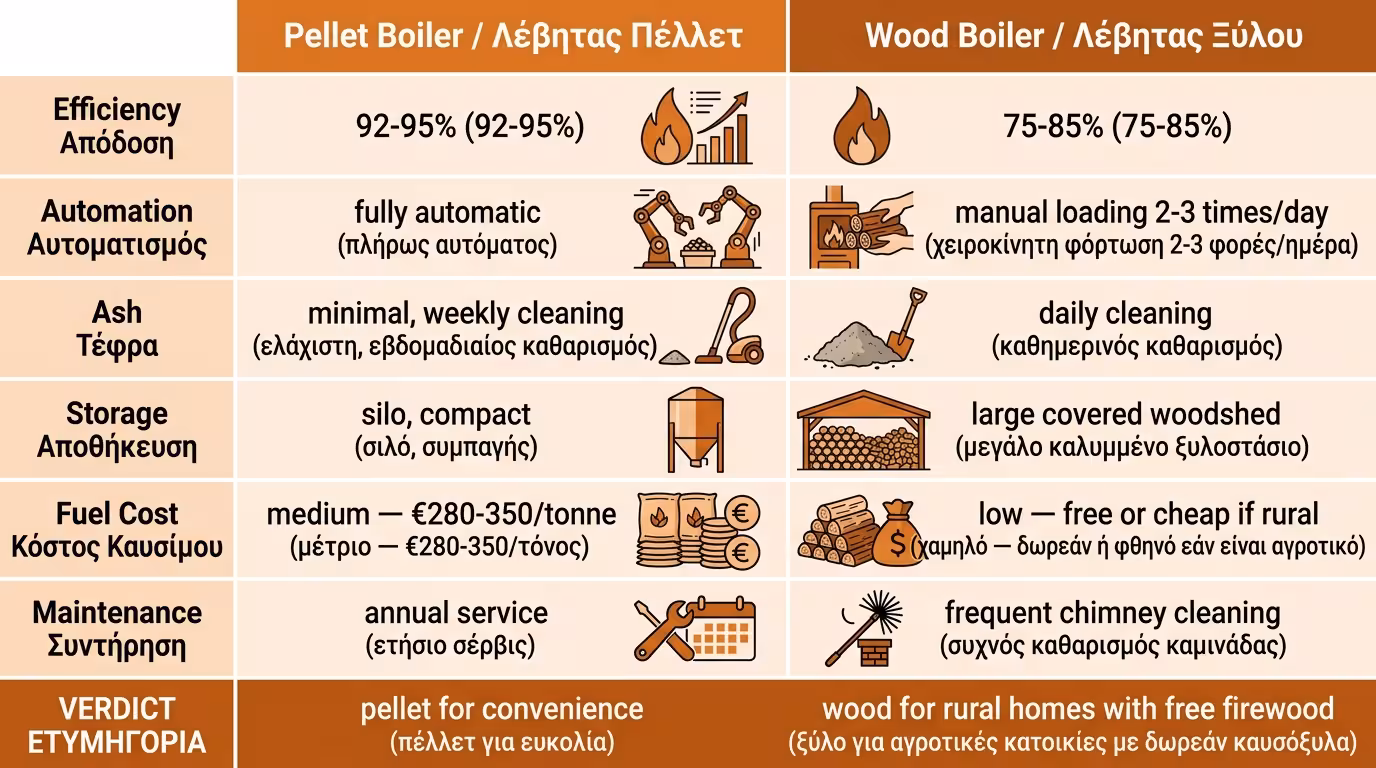 Πίνακας σύγκρισης pellet vs ξύλο - ποια επιλογή ταιριάζει