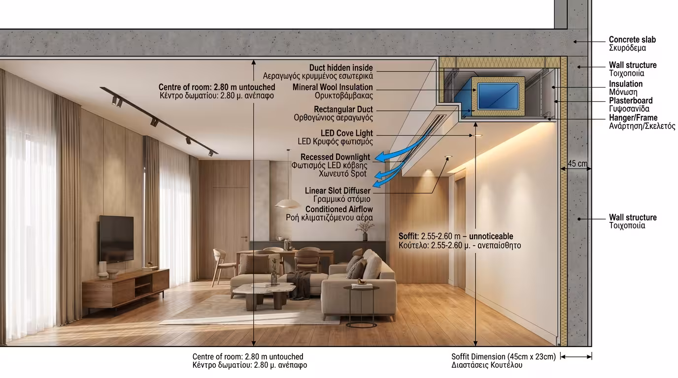 Περιμετρικό κούτελο γυψοσανίδας – κρυφός LED, σκαλοπάτια, αερισμός