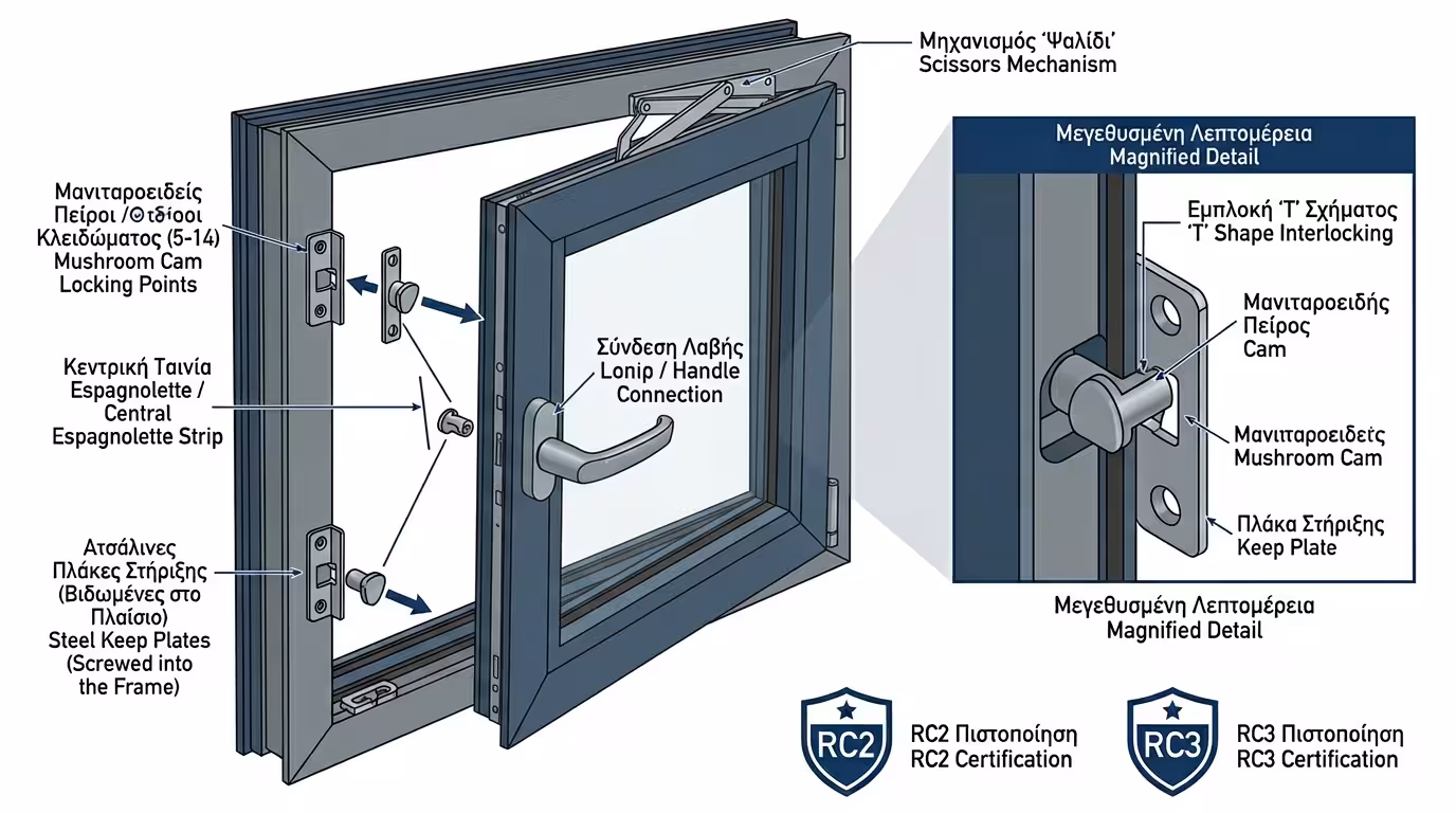 Περιμετρικός μηχανισμός ανοιγόμενου κουφώματος - ντίζα, μανιτάρια, ψαλίδι