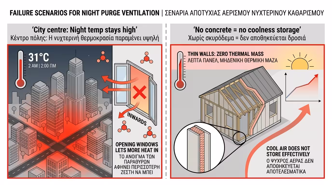 Περιορισμοί night purge - αστική νησίδα θερμότητας και ελαφριά κατασκευή χωρίς μπετόν