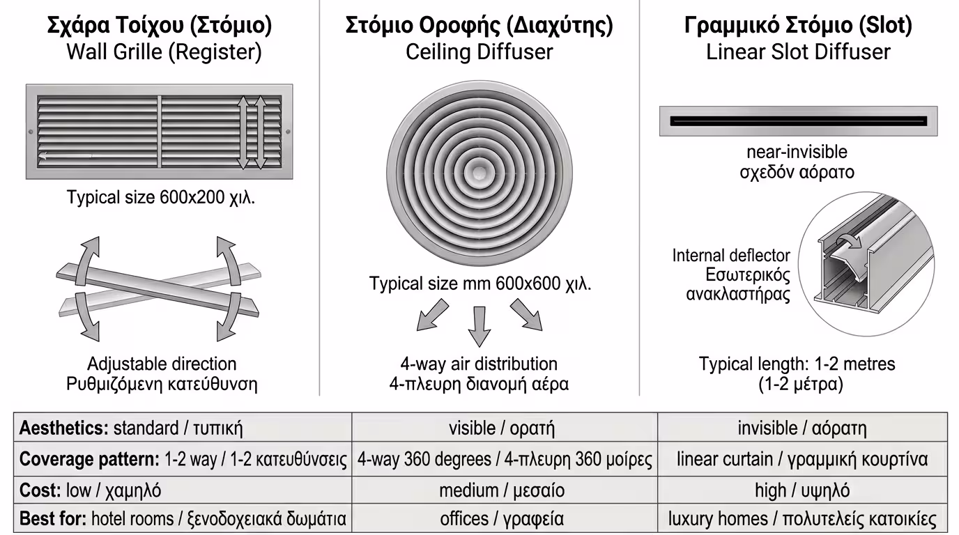 Τύποι στομίων κλιματισμού - περσίδες τοίχου, ανεμώστατες, γραμμικά slot