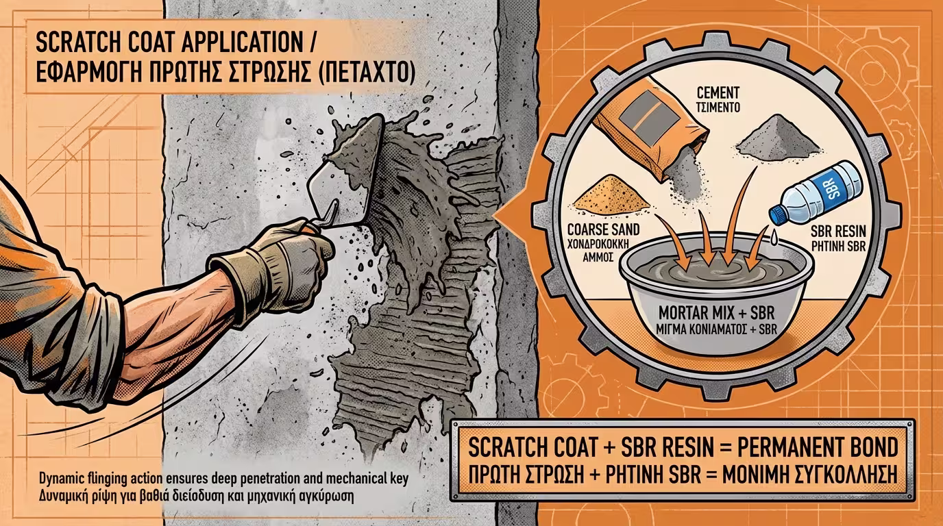 Πεταχτό μίγμα με οικοδομική ρητίνη SBR σε λείο μπετόν