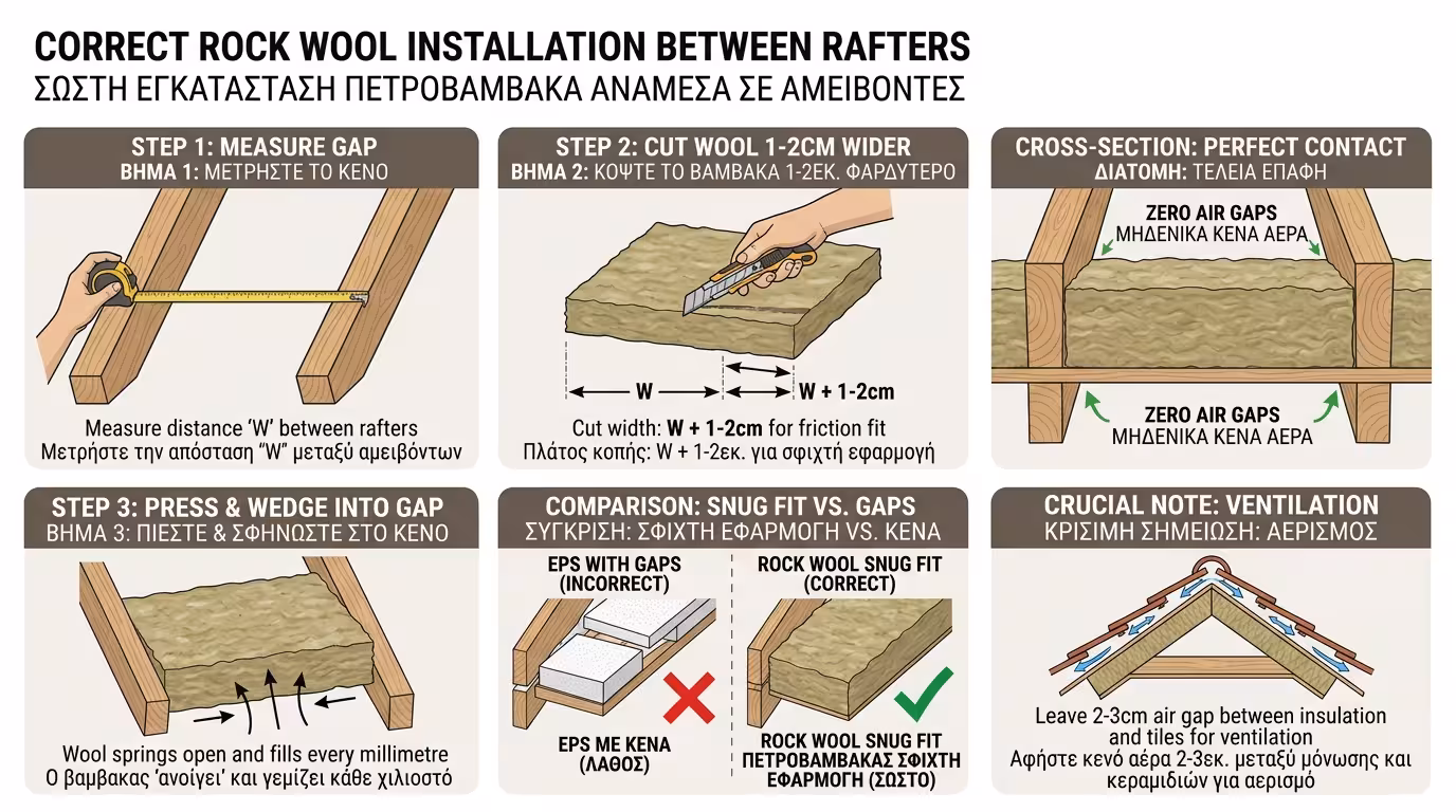 Πετροβάμβακας κομμένος 1-2cm φαρδύτερος, σφηνωμένος σαν ελατήριο