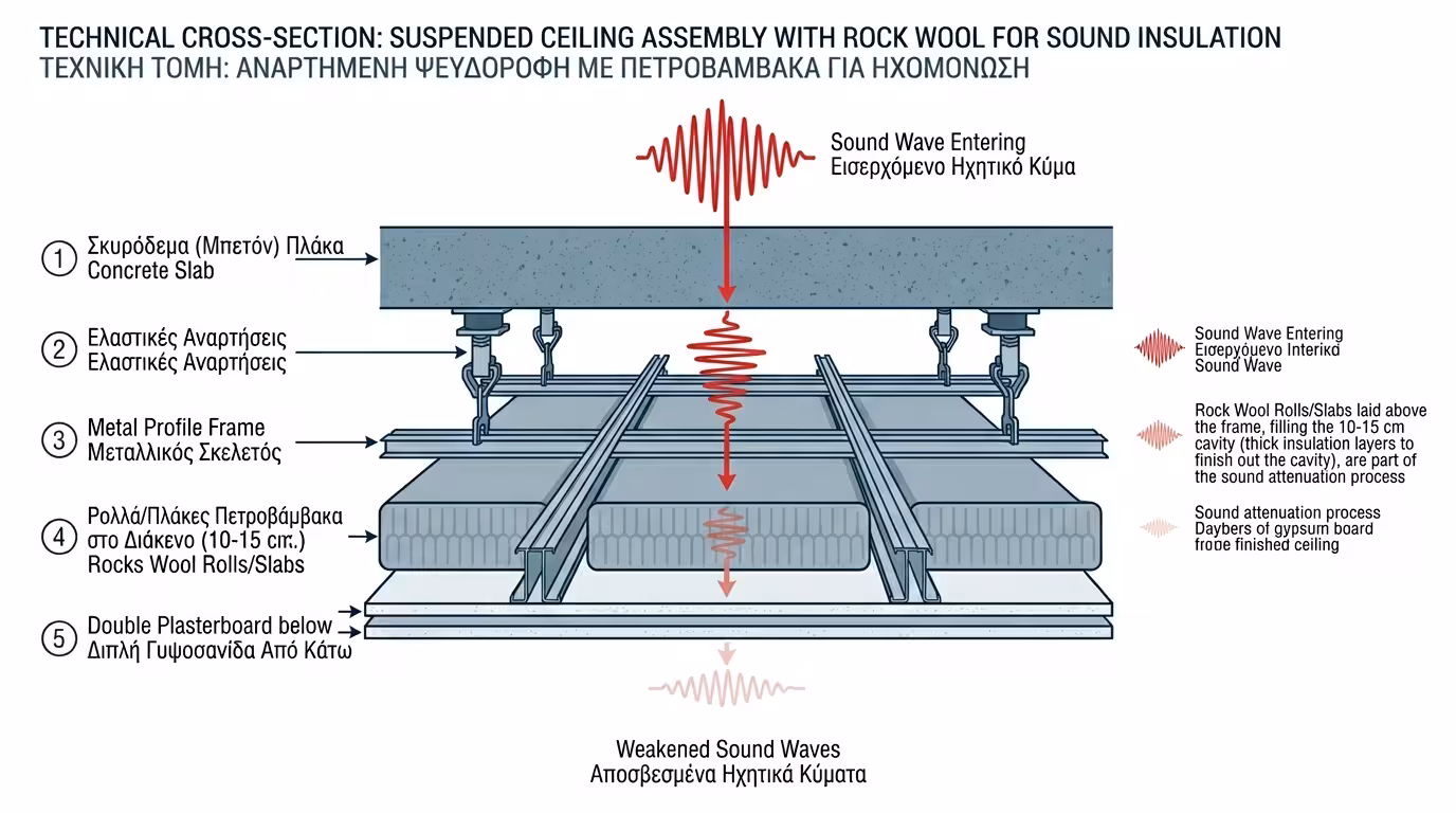 Ρολά πετροβάμβακα πάνω από τον σκελετό - πνίγουν την ηχώ στο κενό
