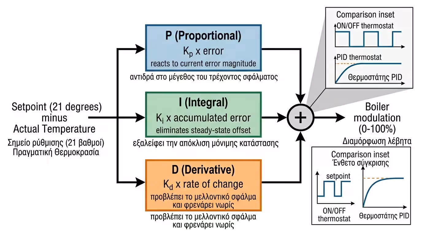 PID αλγόριθμος - Proportional (παρόν), Integral (παρελθόν), Derivative (μέλλον)