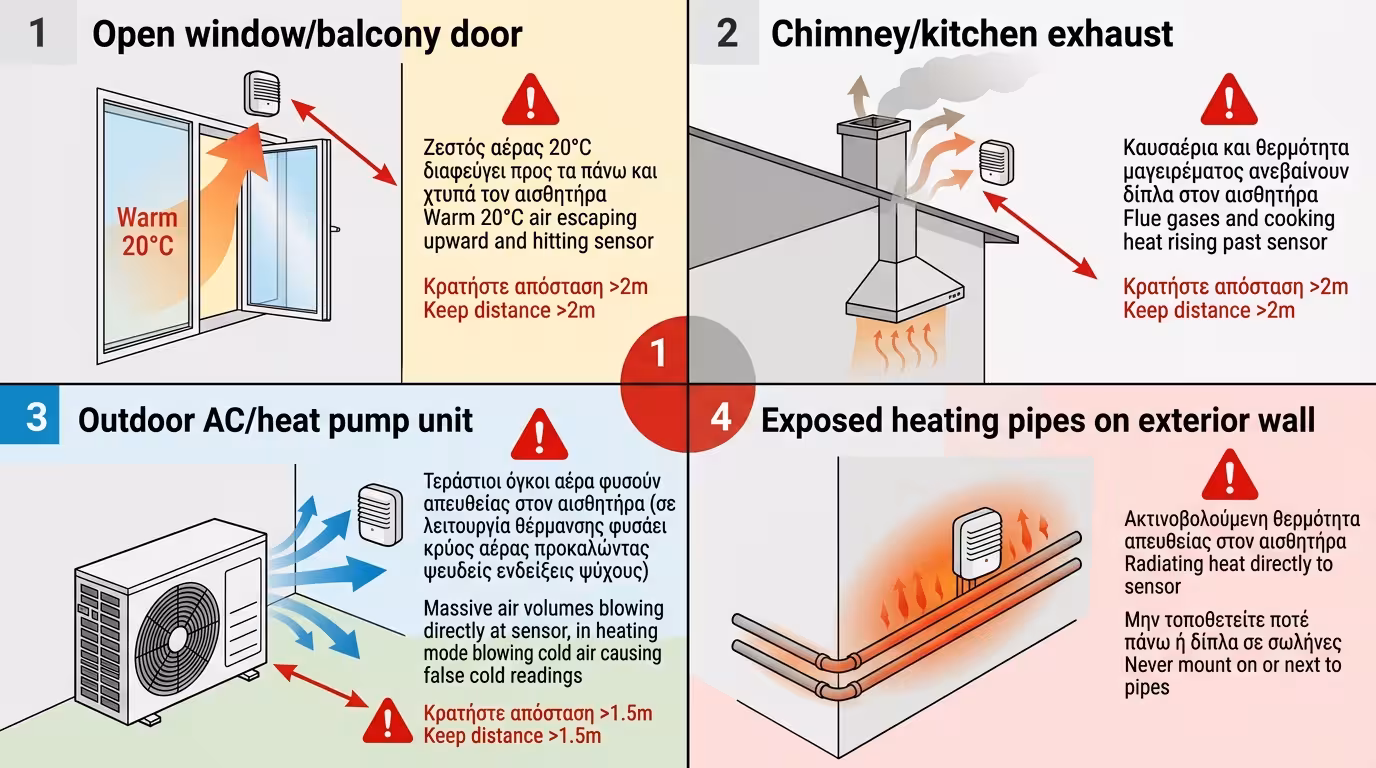Πηγές θερμότητας κοντά σε αισθητήρα - παράθυρο, καμινάδα, κλιματιστικό, σωλήνες