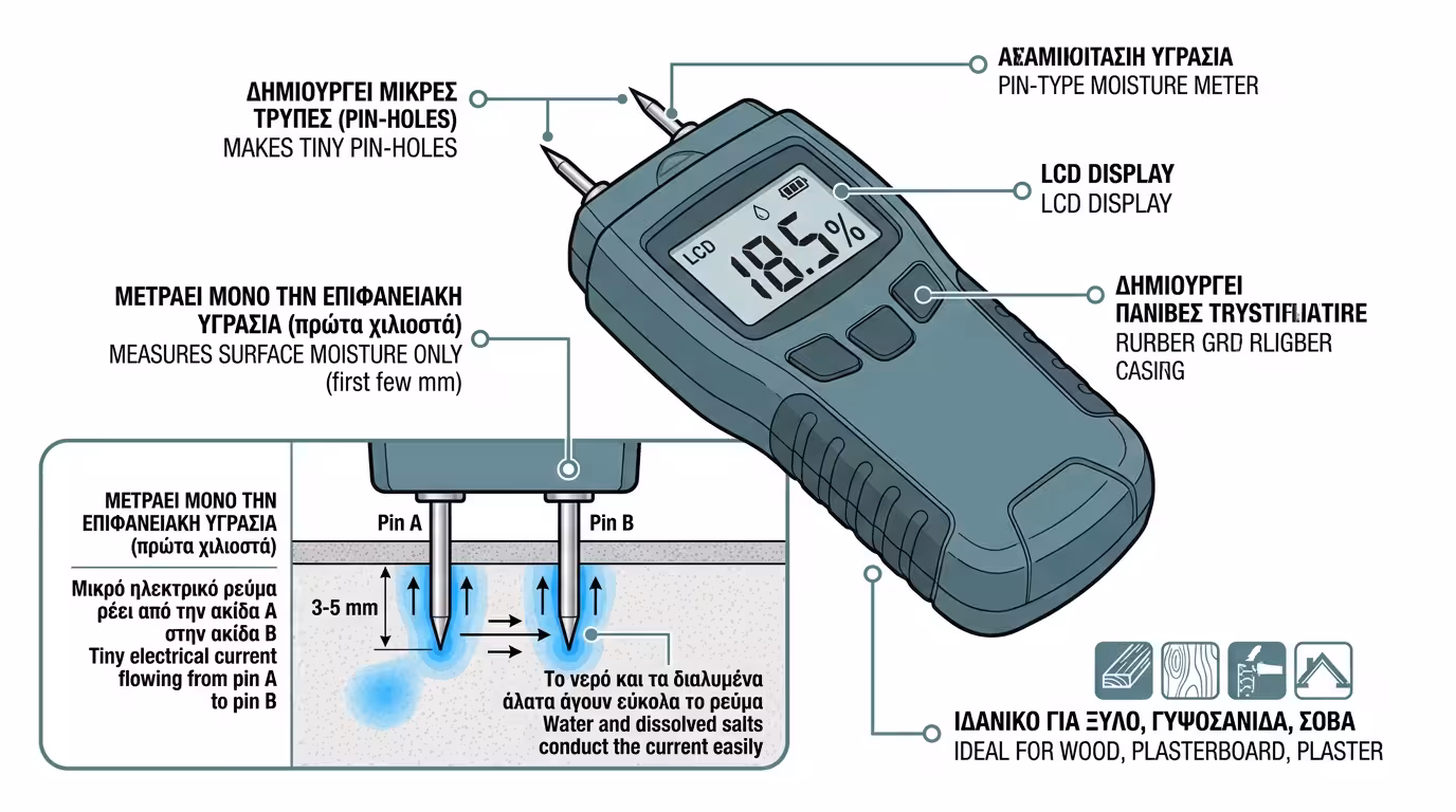 Υγρόμετρο ακίδων - δύο βελόνες καρφωμένες στον σοβά