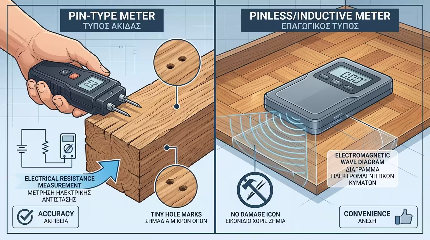 Ινφογκράφικ σύγκρισης: Pin-type (ακίδες, ακριβές, μικρές τρύπες) vs Pinless (επαγωγικό, χωρίς τρύπες, χρειάζεται επίπεδη επιφάνεια) (ελληνικά και αγγλικά)