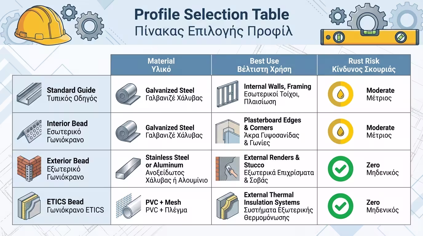 Πίνακας σύγκρισης γωνιόκρανων και οδηγών σοβά ανά εφαρμογή