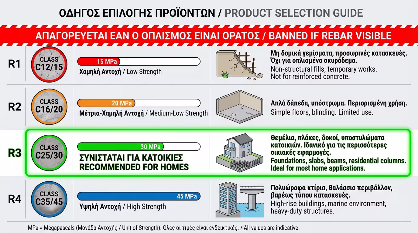 Πίνακας R1-R4: αντοχή, τύπος επισκευής, εφαρμογή