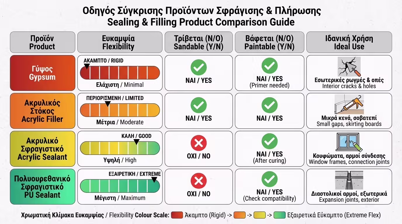 Πίνακας σύγκρισης 4 υλικών: γύψος, ακρυλικός στόκος, ακρυλική μαστίχη, πολυουρεθανική - χρωματικός κώδικας ελαστικότητας