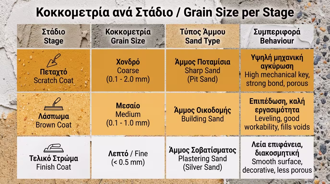 Πίνακας κοκκομετρίας άμμου ανά στάδιο σοβατίσματος