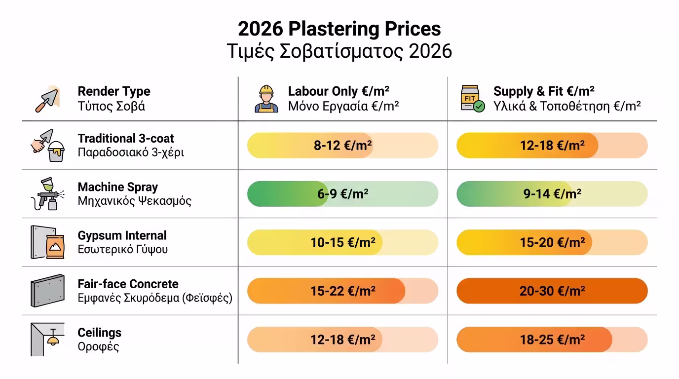 Πίνακας τιμών σοβατίσματος 2026 ανά τετραγωνικό