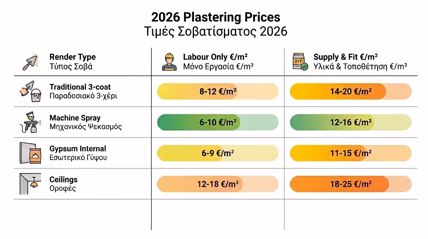 Πίνακας τιμών σοβατίσματος 2026 ανά τετραγωνικό