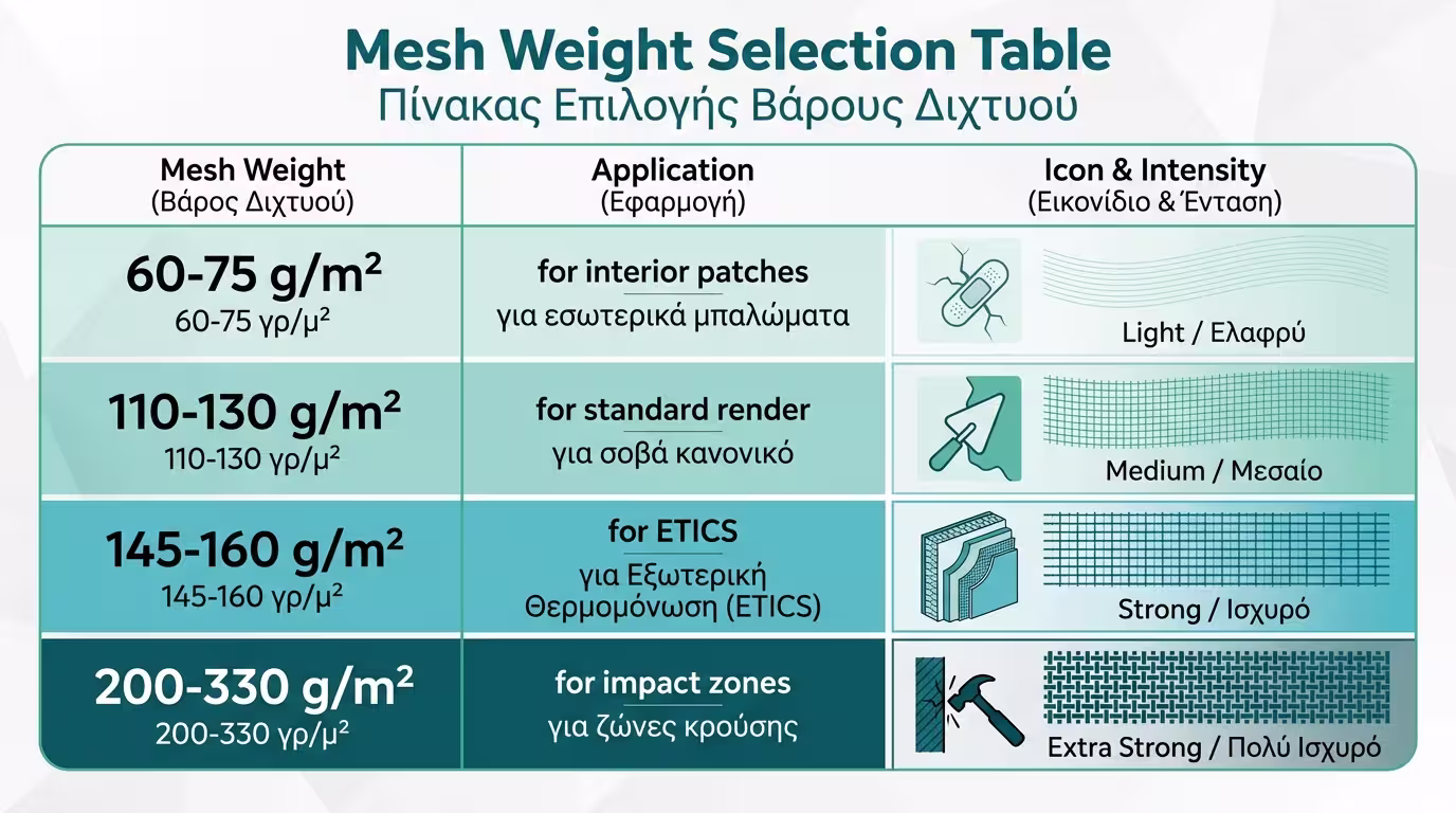 Πίνακας επιλογής υαλοπλέγματος ανά βάρος και εφαρμογή