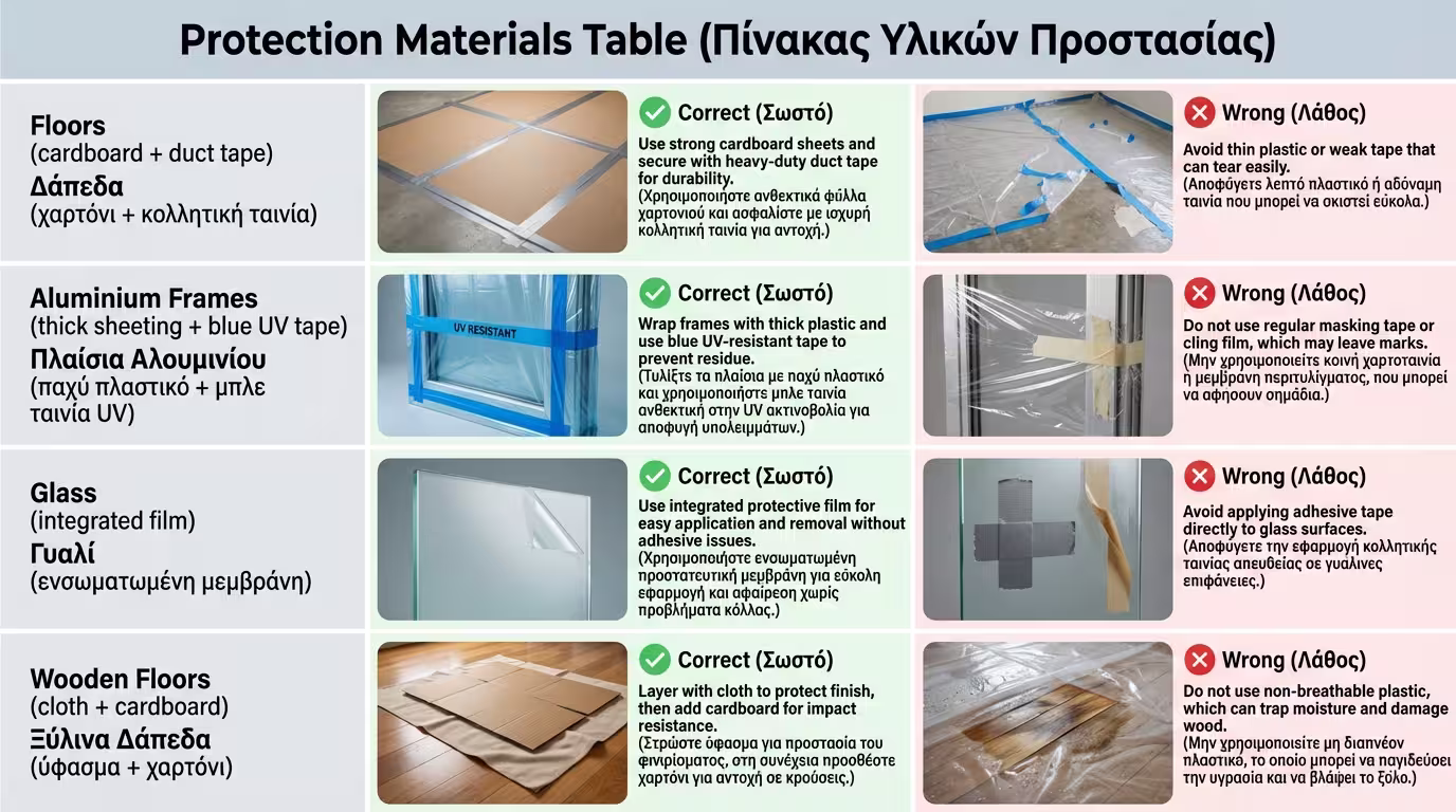 Πίνακας σωστών υλικών προστασίας ανά επιφάνεια