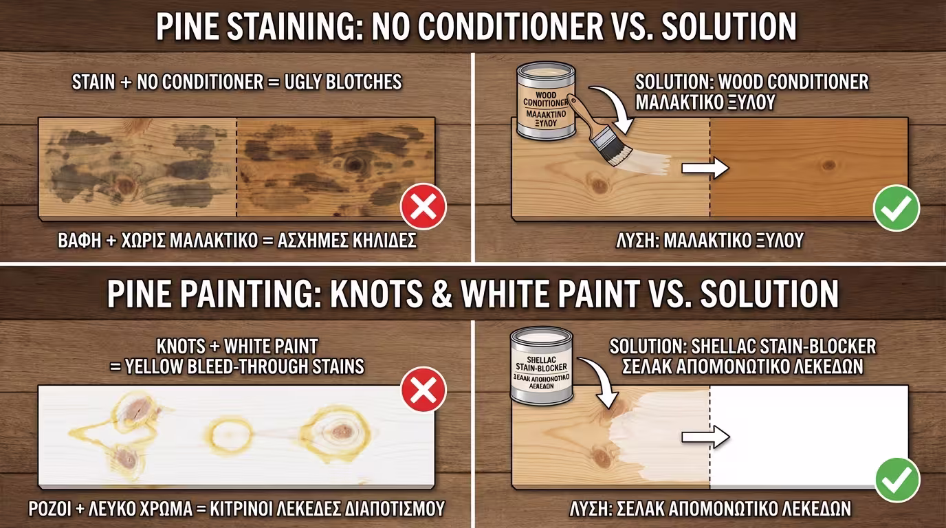 Ινφογκράφικ: Πεύκο + stain = κηλίδες (blotchiness). Wood Conditioner → ομοιόμορφη απορρόφηση. Ρόζοι + λευκό = κίτρινοι λεκέδες → Stain-Blocker (ελληνικά και αγγλικά)