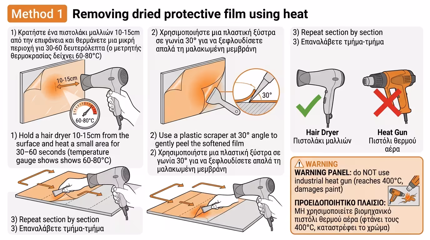 Πιστολάκι μαλλιών ζεσταίνει ζελατίνα, αφαίρεση με πλαστική σπάτουλα