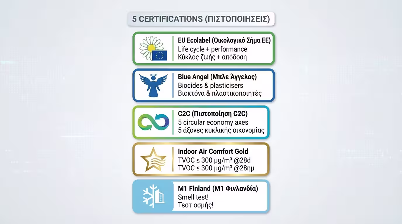 Infographic: EU Ecolabel, Blue Angel, Cradle to Cradle, Indoor Air Comfort Gold, M1