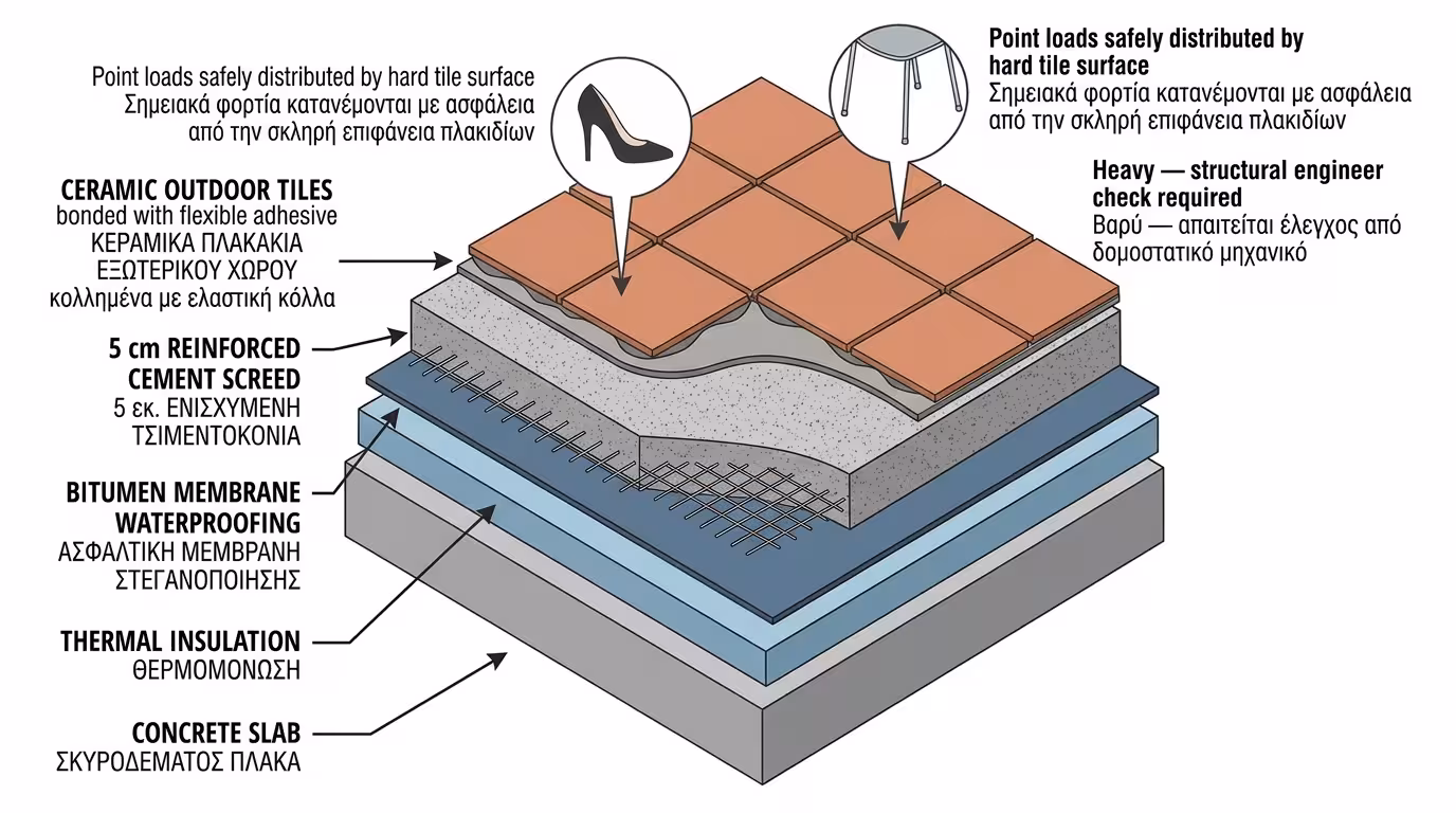 Πλακάκια εξωτερικού χώρου - βαριά κατασκευή πάνω από μόνωση
