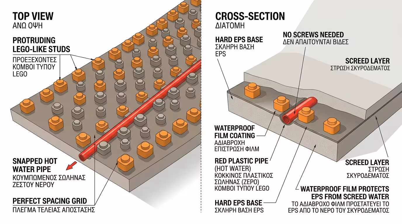 Πλάκες μορφωμάτων EPS - κόμβοι τύπου Lego κλειδώνουν σωλήνα