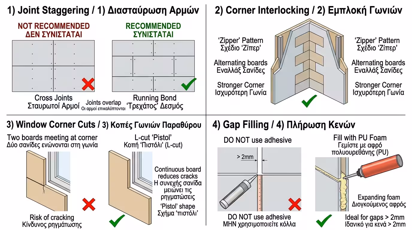Πλάκες EPS σταυρωτά, γωνίες φερμουάρ, σχήμα Γ στο παράθυρο