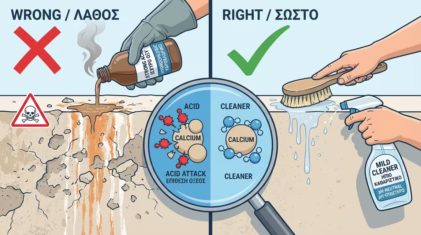 Η ζημιά από το υδροχλωρικό οξύ (ακουαφόρτε) σε σοβάδες και αρμούς