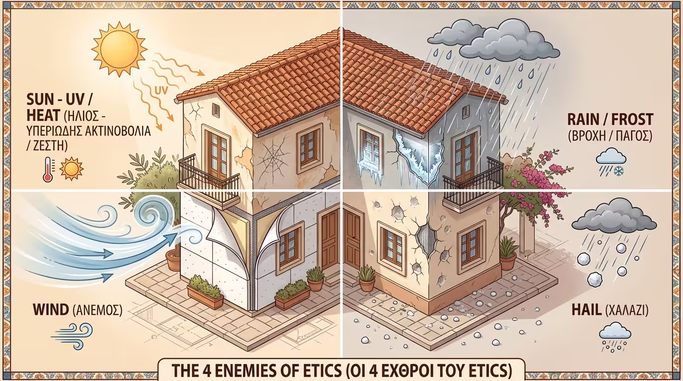 Οι 4 εχθροί του ETICS: Ήλιος (UV/θερμότητα), Βροχή/Παγετός, Άνεμος, Χαλάζι