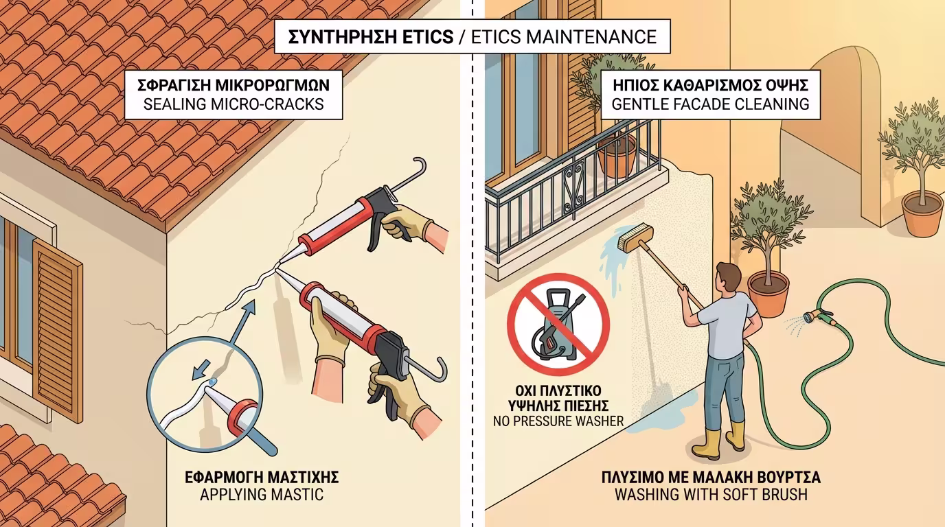 Σφράγιση μικρο-ρωγμών με μαστίχη και απαλός καθαρισμός όψης με μαλακή βούρτσα