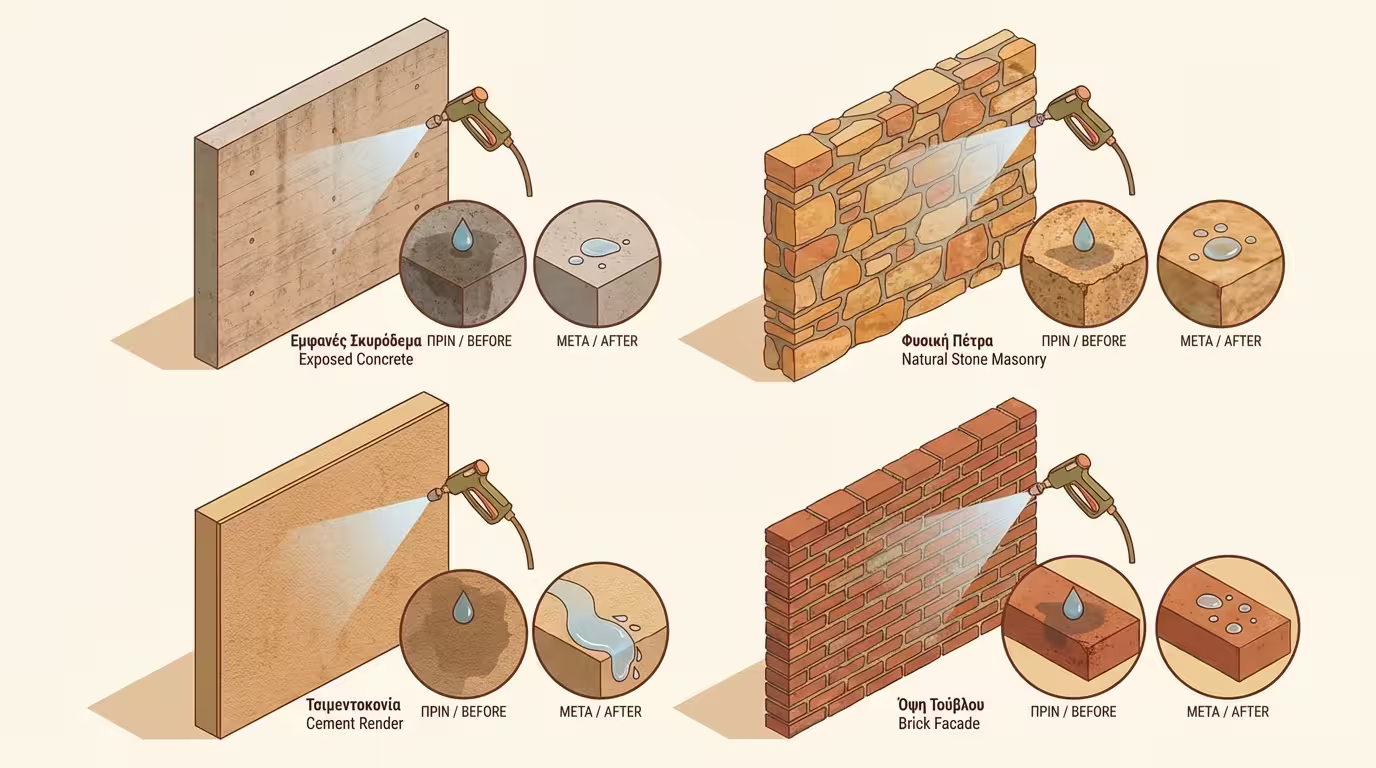 Ιδανικές επιφάνειες: άβαφος σοβάς, εμφανές μπετόν, φυσική πέτρα, χρωματιστοί σοβάδες