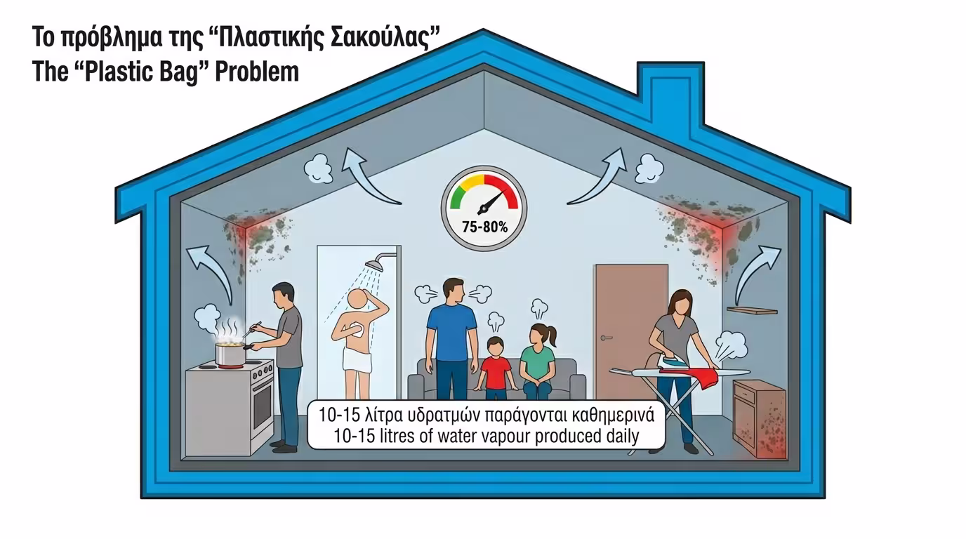Φαινόμενο πλαστικής σακούλας - εγκλωβισμένη υγρασία σε σφραγισμένο σπίτι
