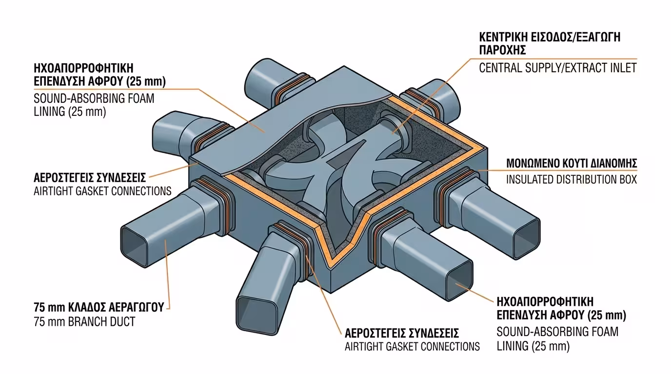 Plenum κιβώτιο διανομής VMC με ηχοαπορρόφηση - αστέρας, ανεξάρτητοι σωλήνες