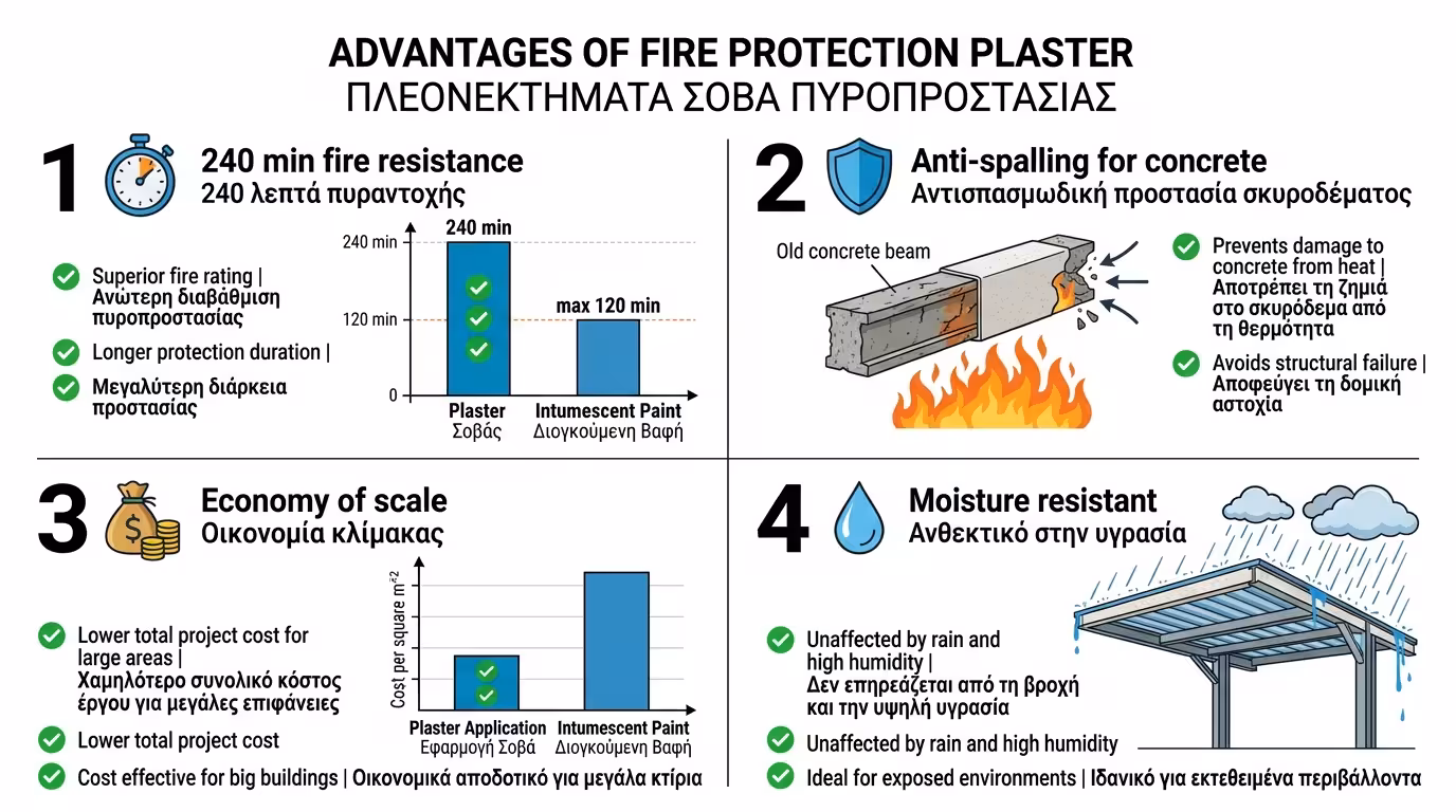 Πυράντοχος σοβάς: 240 λεπτά, anti-spalling, οικονομία κλίμακας