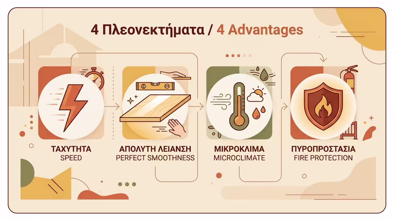 4 πλεονεκτήματα γυψοσοβά: ταχύτητα, λείανση, κλίμα, πυροπροστασία