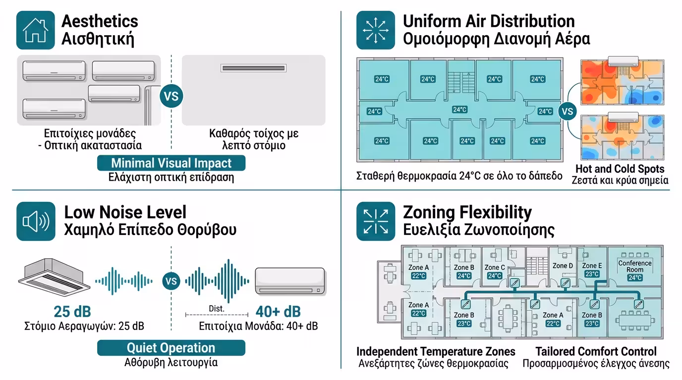 Πλεονεκτήματα καναλάτου κλιματισμού - αισθητική, ομοιόμορφη θερμοκρασία, μηδενικός θόρυβος