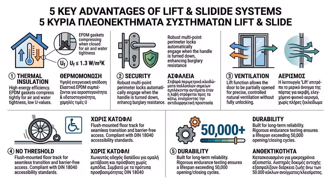Πλεονεκτήματα ανασυρόμενου Lift & Slide - μόνωση, ασφάλεια, τεράστιες υαλοπίνακες
