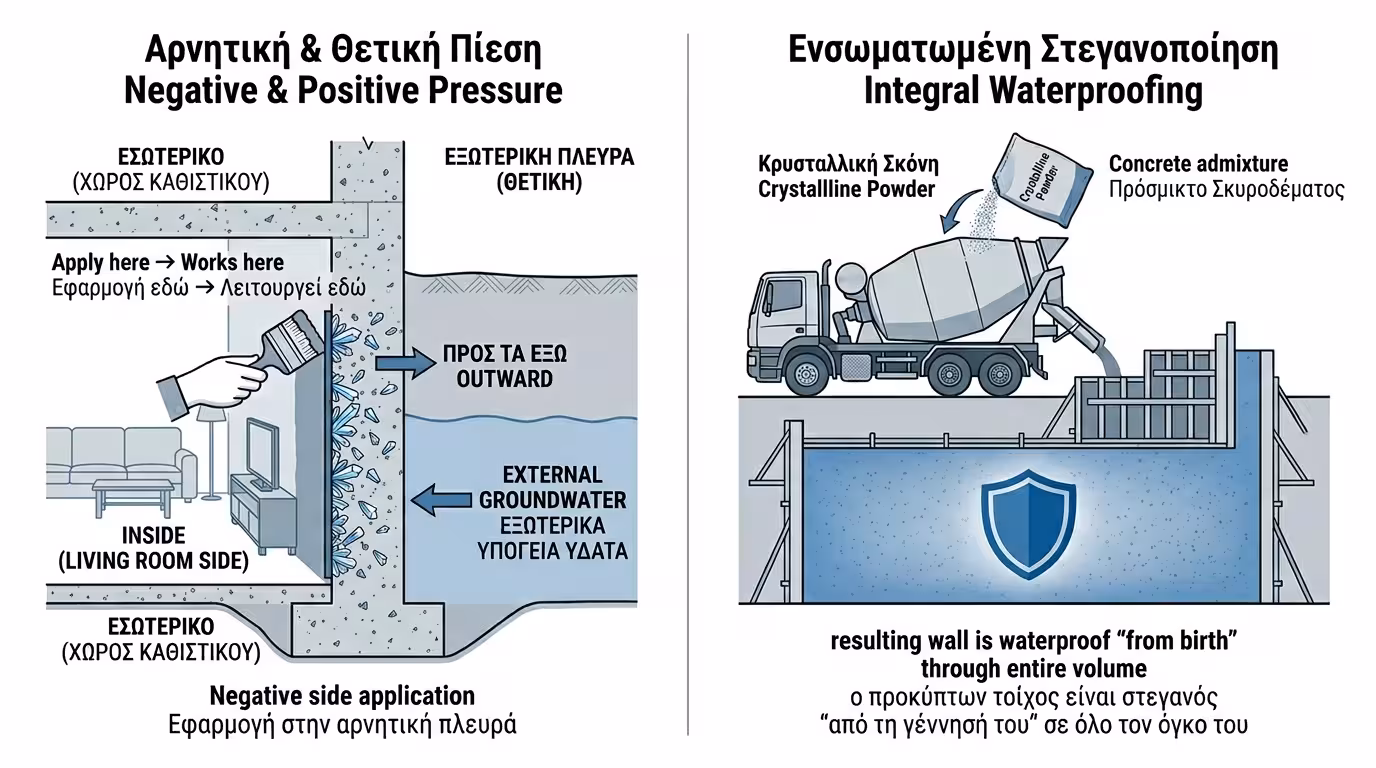 Κρυσταλλική υγρομόνωση - αρνητική πίεση και πρόσμικτα σκυροδέματος