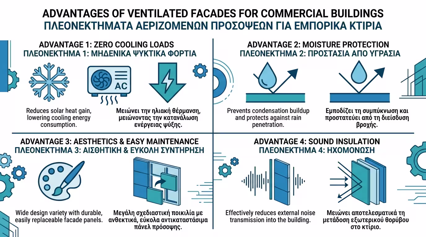 Πλεονεκτήματα αεριζόμενης πρόσοψης - ψύξη, υγρασία, αισθητική, ηχομόνωση