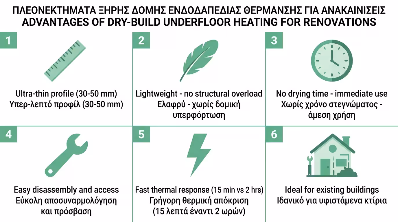 Πλεονεκτήματα ξηρής ενδοδαπέδιας θέρμανσης - χαμηλό πάχος, γρήγορη εγκατάσταση, λιγότερο βάρος