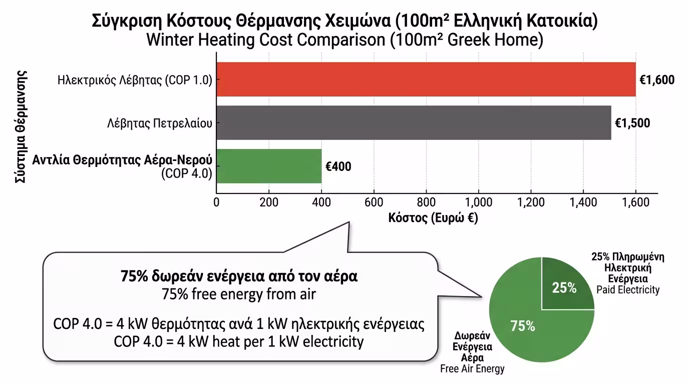 Πλεονεκτήματα αντλιών θερμότητας - οικονομία COP 4.0, ψύξη-θέρμανση, ασφάλεια