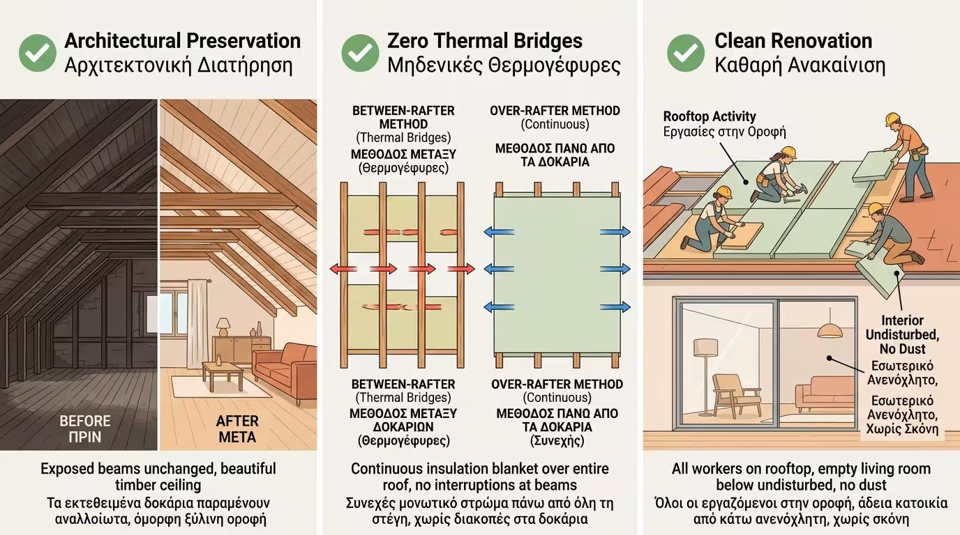 Εμφανή δοκάρια ανέπαφα + μηδέν θερμογέφυρες + καθαρή ανακαίνιση