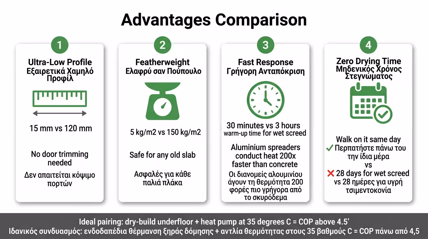 Πλεονεκτήματα – πάχος 15-20 mm, βάρος 5-10 kg/m², απόκριση 30 λεπτά