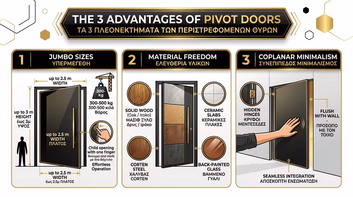 Pivot πόρτα - τεράστιες διαστάσεις, υλικά επένδυσης, μινιμαλισμός