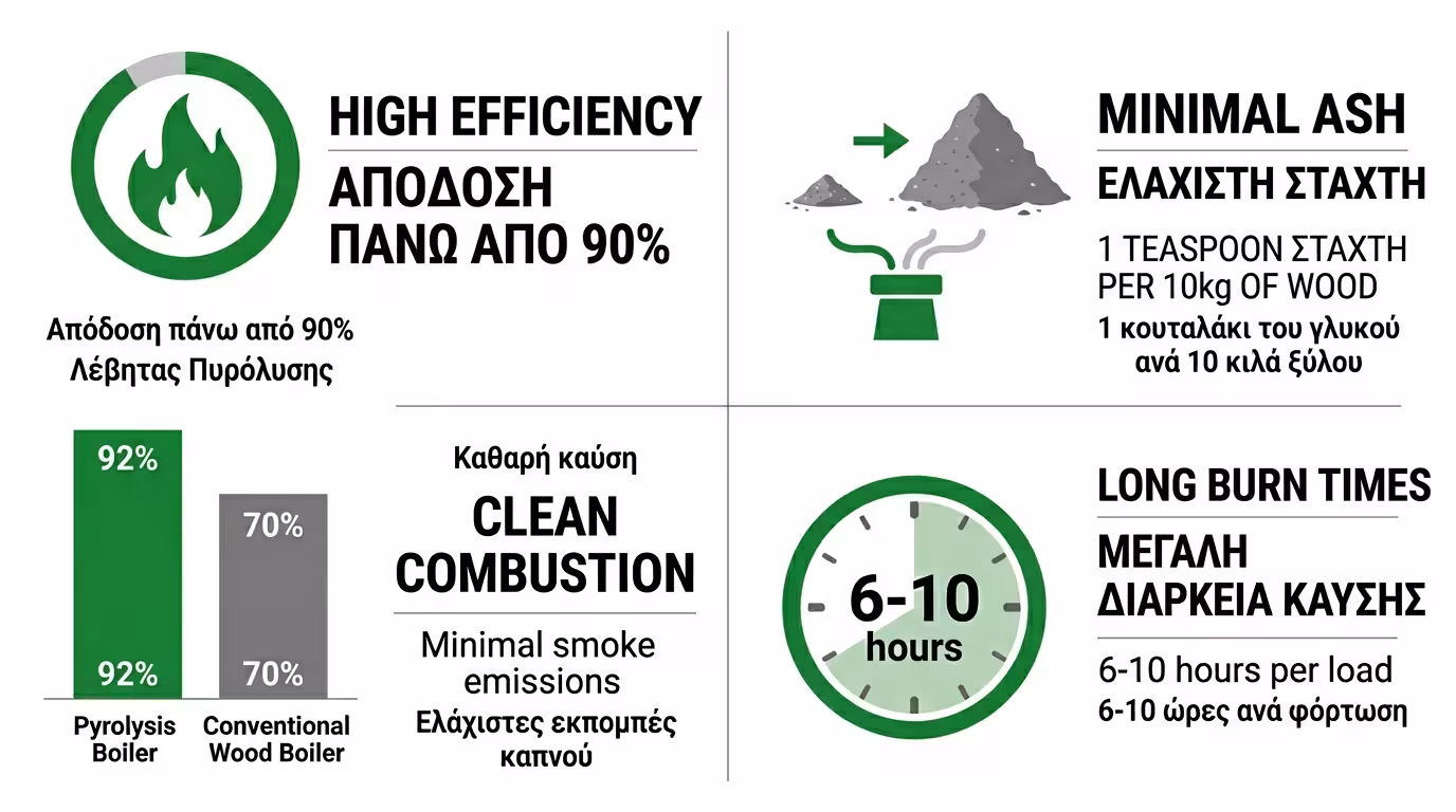Πλεονεκτήματα πυρόλυσης - 90% απόδοση, ελάχιστη στάχτη