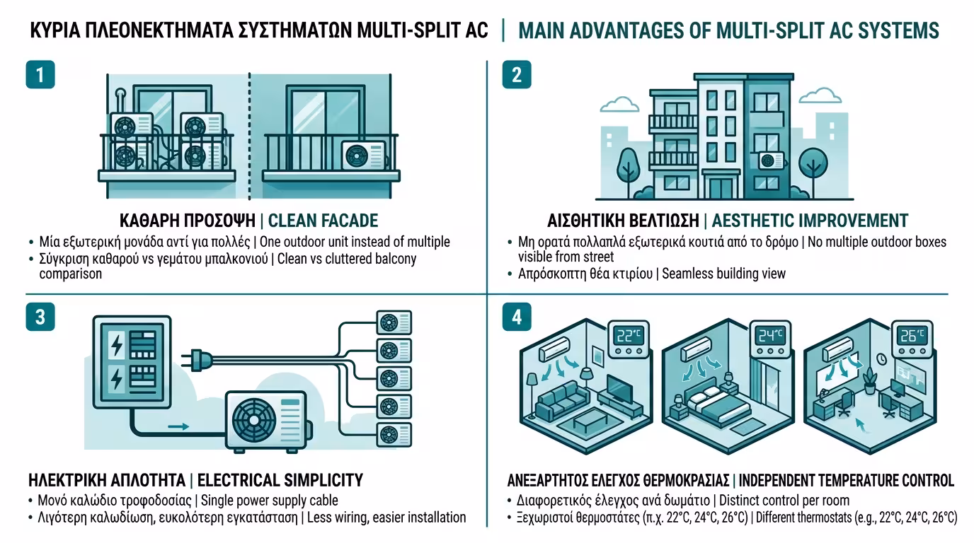 Πλεονεκτήματα Multi-Split - εξοικονόμηση χώρου, ευκολία ηλεκτρολογικών, λιγότερος θόρυβος