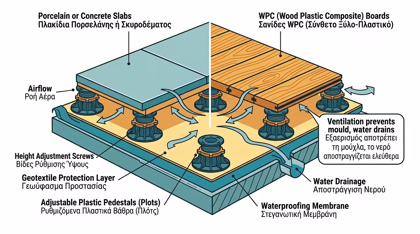 Πλωτά πλακάκια σε ρυθμιζόμενες βάσεις πάνω από τη στεγάνωση