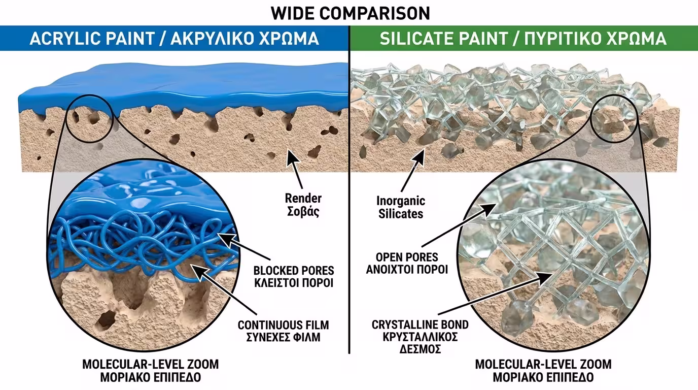 Ινφογκράφικ σύγκρισης πολυμερούς (ακρυλικού) και ορυκτού (πυριτικού) χρώματος - φιλμ vs πυριτίωση